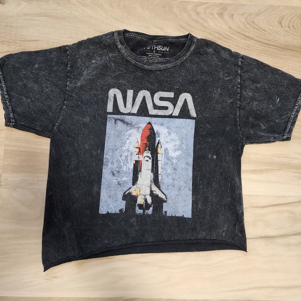 Gray Black Acid Washed Cropped Short Sleeve NASA Shirt